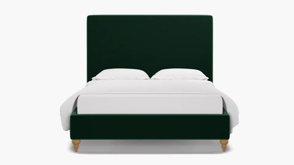 Classic Bed, Spruce Performance Plush Velvet, Natural Traditional Turned Leg, Queen