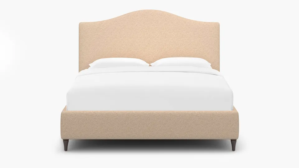 Camelback Bed, Buff Boucle, Espresso Decorative Tapered Leg, King