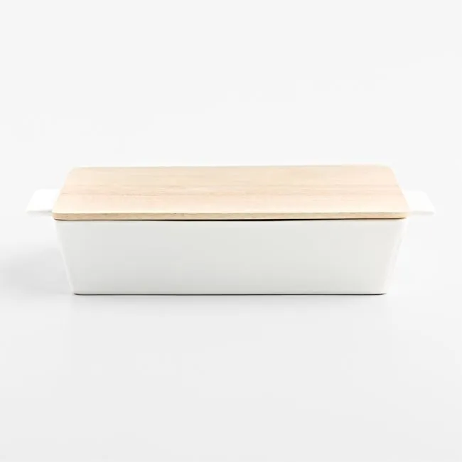 Large White Stoneware Baking Dish with Wood Lid