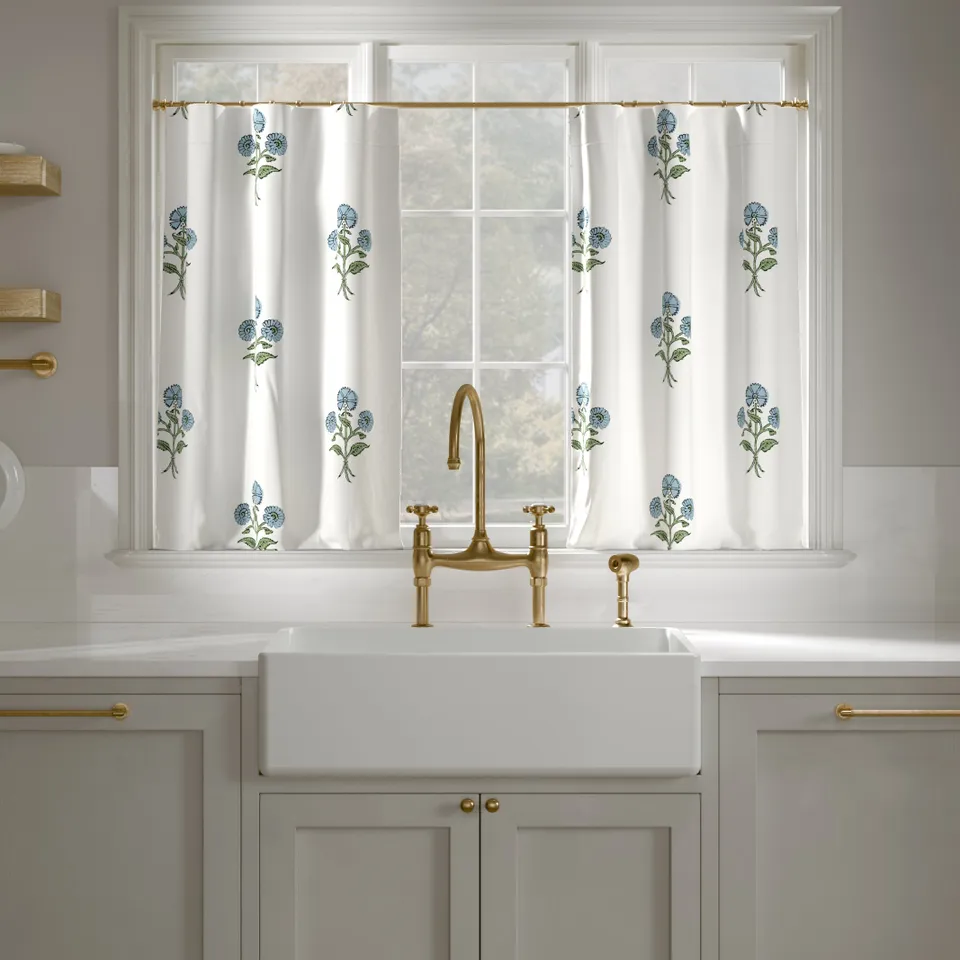 Printed Linen Café Curtain, Blue Delphine, 25" x 36", Unlined