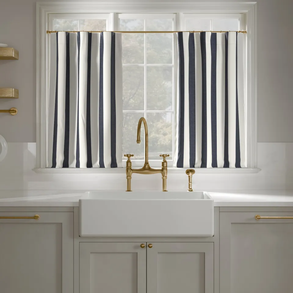 Printed Linen Café Curtain, Navy Cabana Stripe, 25" x 30", Privacy