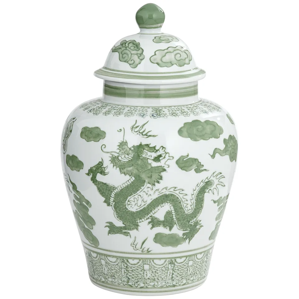 Sansui 12"H Green and White Ceramic Ginger Jar with Lid