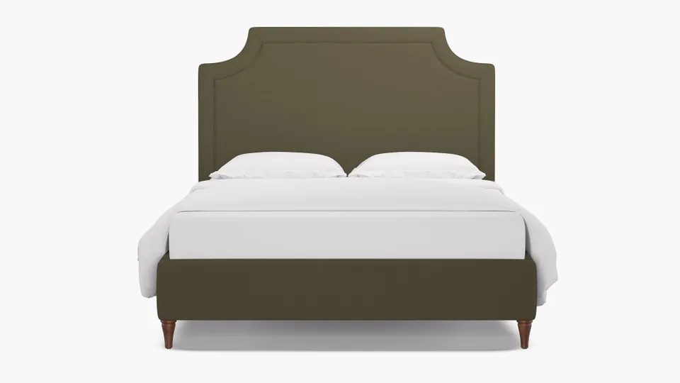 Deco Bed, Olive Everyday Linen, Walnut Decorative Tapered Leg, Queen