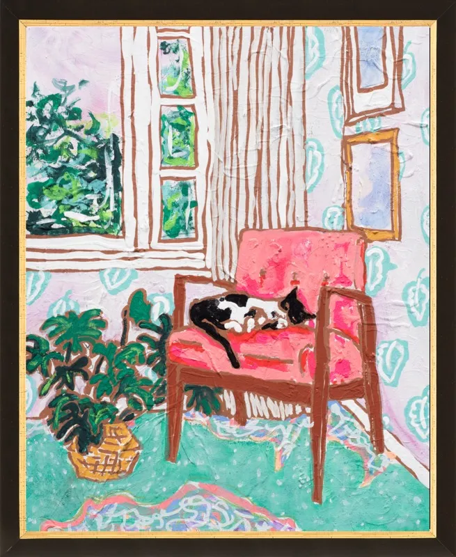 Cat Nap: Tuxedo Cat Napping in Mid-Century Chair by Lara Lee Meintjes for Artfully Walls