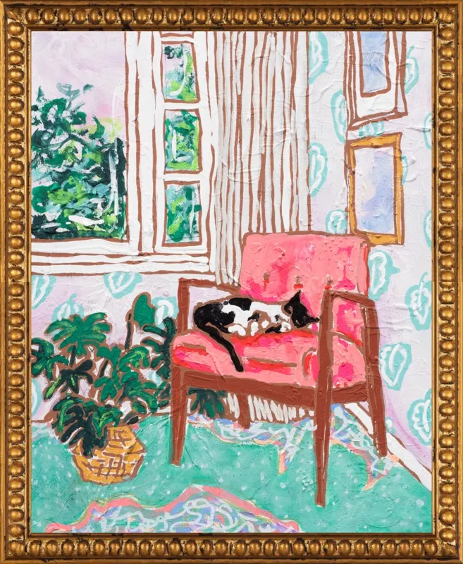 Cat Nap: Tuxedo Cat Napping in Mid-Century Chair by Lara Lee Meintjes for Artfully Walls