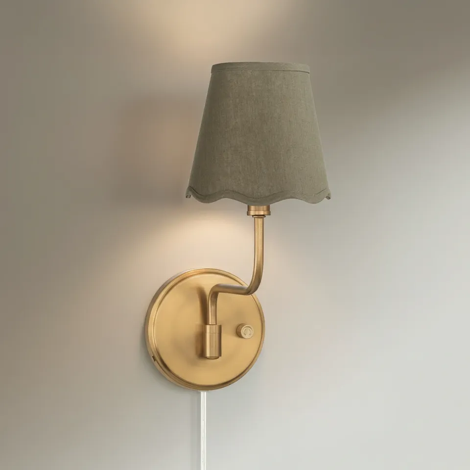 Ophelia 9 1/2"H Warm Brass Plug-In Wall Sconce Dark Sage Scallop Shade