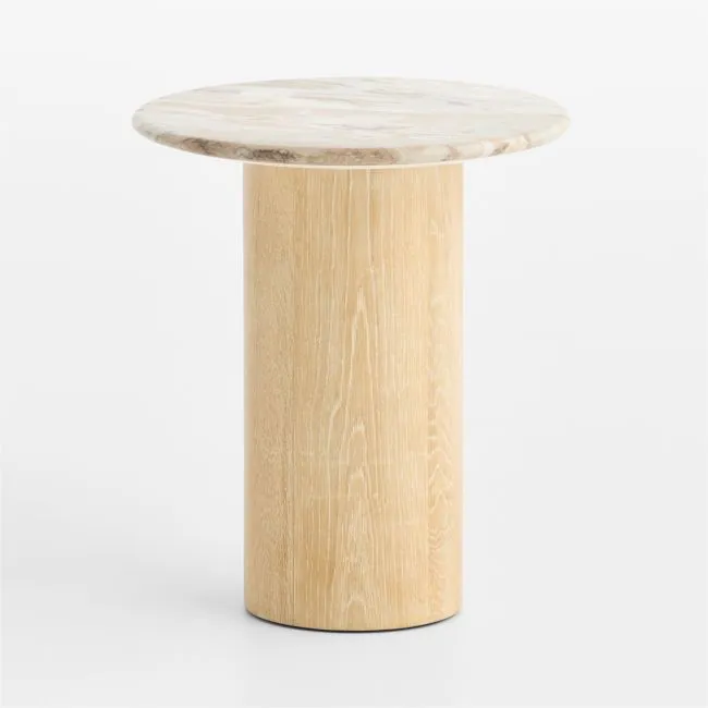 Homage Marble and White Oak Wood 20" Round Pedestal Side Table