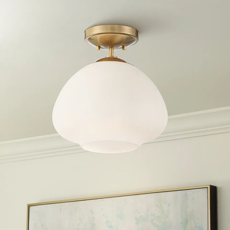 Possini Euro Orilla 12" Wide Warm Brass and Opal Glass Ceiling Light