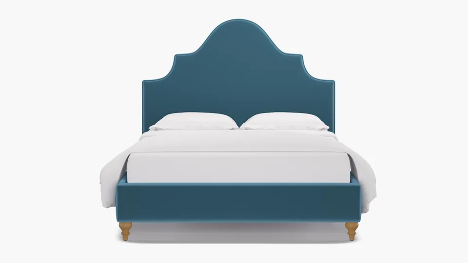 Statement Bed, French Performance Plush Velvet, Natural Traditional Turned Leg, Full
