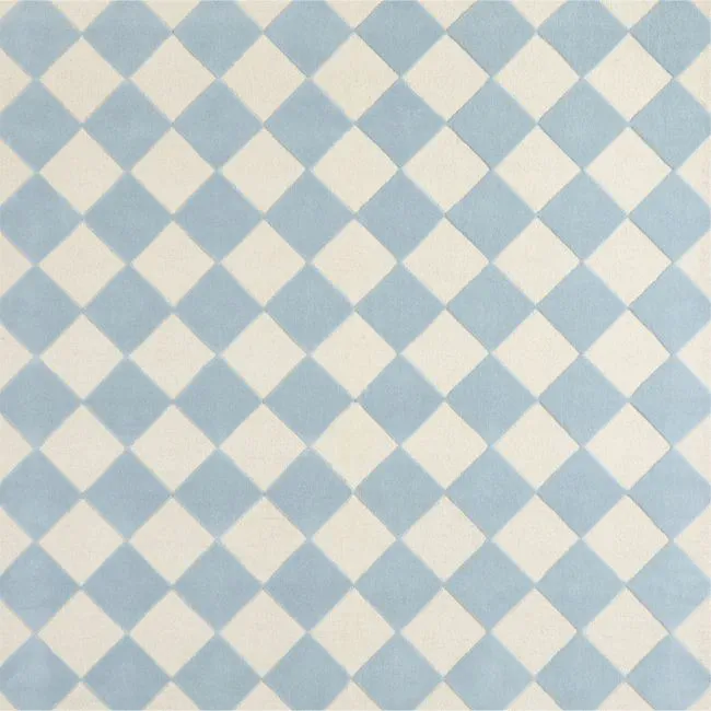 Checkerboard Blue Wool Kids Area Rug 6'x9'