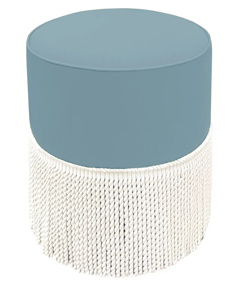 THE TIGHT ROUND OTTOMAN :: CLASSIC LINEN // HYDRANGEA BLUE - 17" Diameter X 19" Height With Bullion / Hydrangea Blue