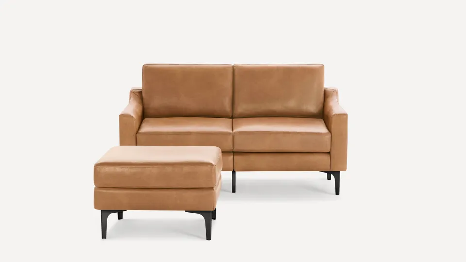 Nomad Leather Loveseat with Ottoman - Camel - Top Grain Leather / Black - Metal / Slope