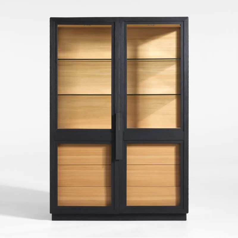 Calypso 54" Two-Toned Black Elm Wood and Glass Lighted Storage Cabinet