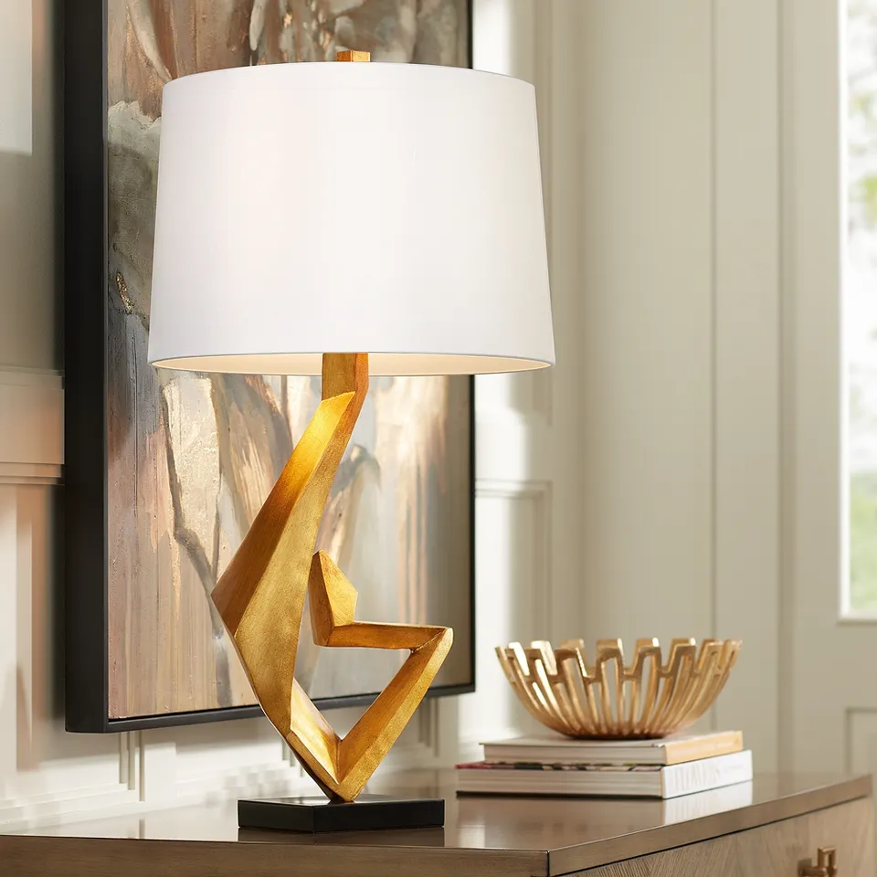 Possini Euro Zeus 29 1/2" Sculptural White Shade Gold Leaf Table Lamp