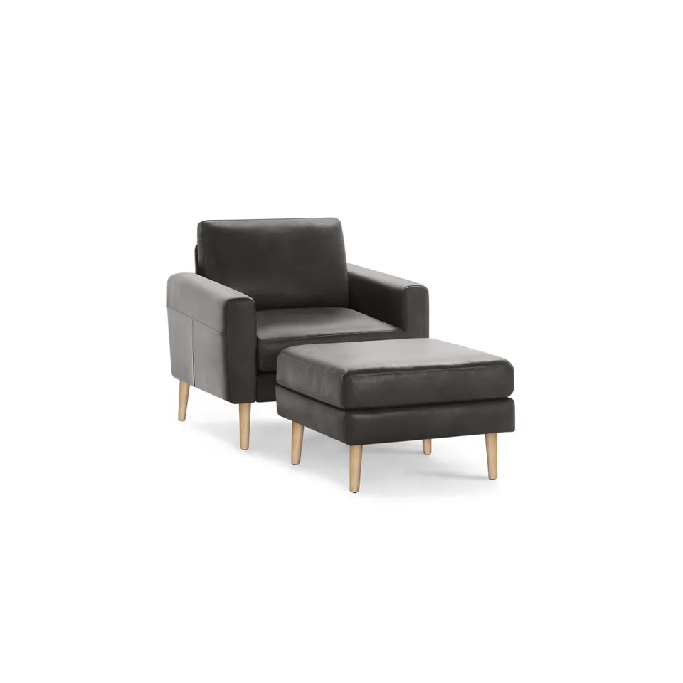 Nomad Leather Club Chair with Ottoman - Slate - Top Grain Leather / Oak - Wood / Block