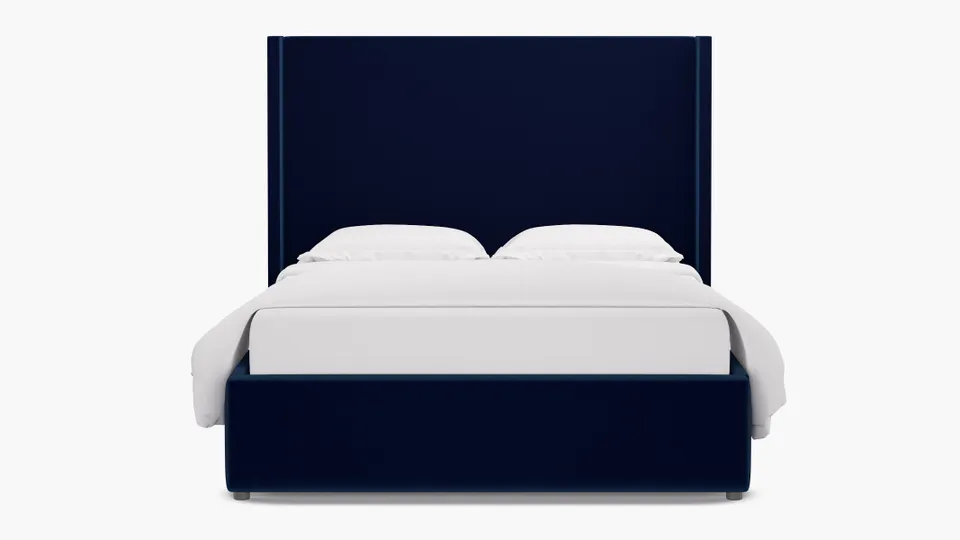 Modern Wingback Bed, Navy Performance Velvet, Queen