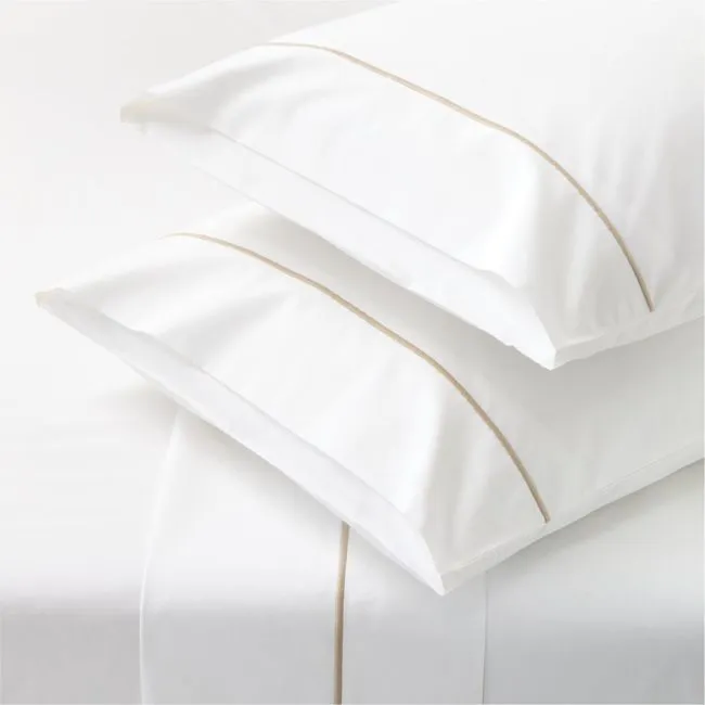 Marisal Organic Cotton Percale 400 Thread Count White with Taupe King Sheet Set