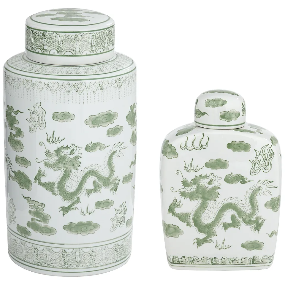 Sansui Green and White 2-Piece Ceramic Ginger Jar Set