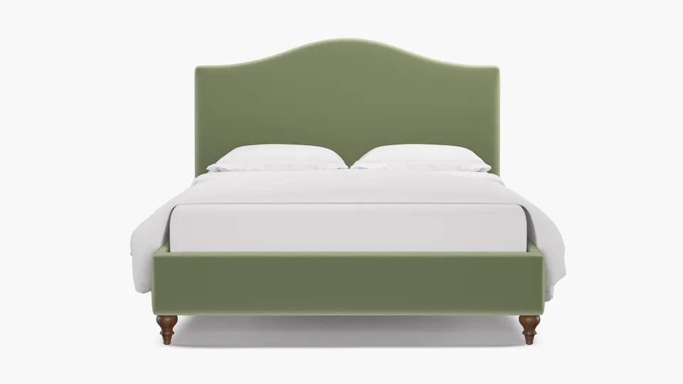 Camelback Bed, Celadon Performance Plush Velvet, Walnut Traditional Turned Leg, Twin