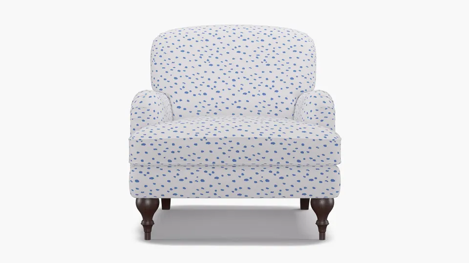 English Roll Arm Chair, Blue Dalmatian, Espresso Turned Wood Leg