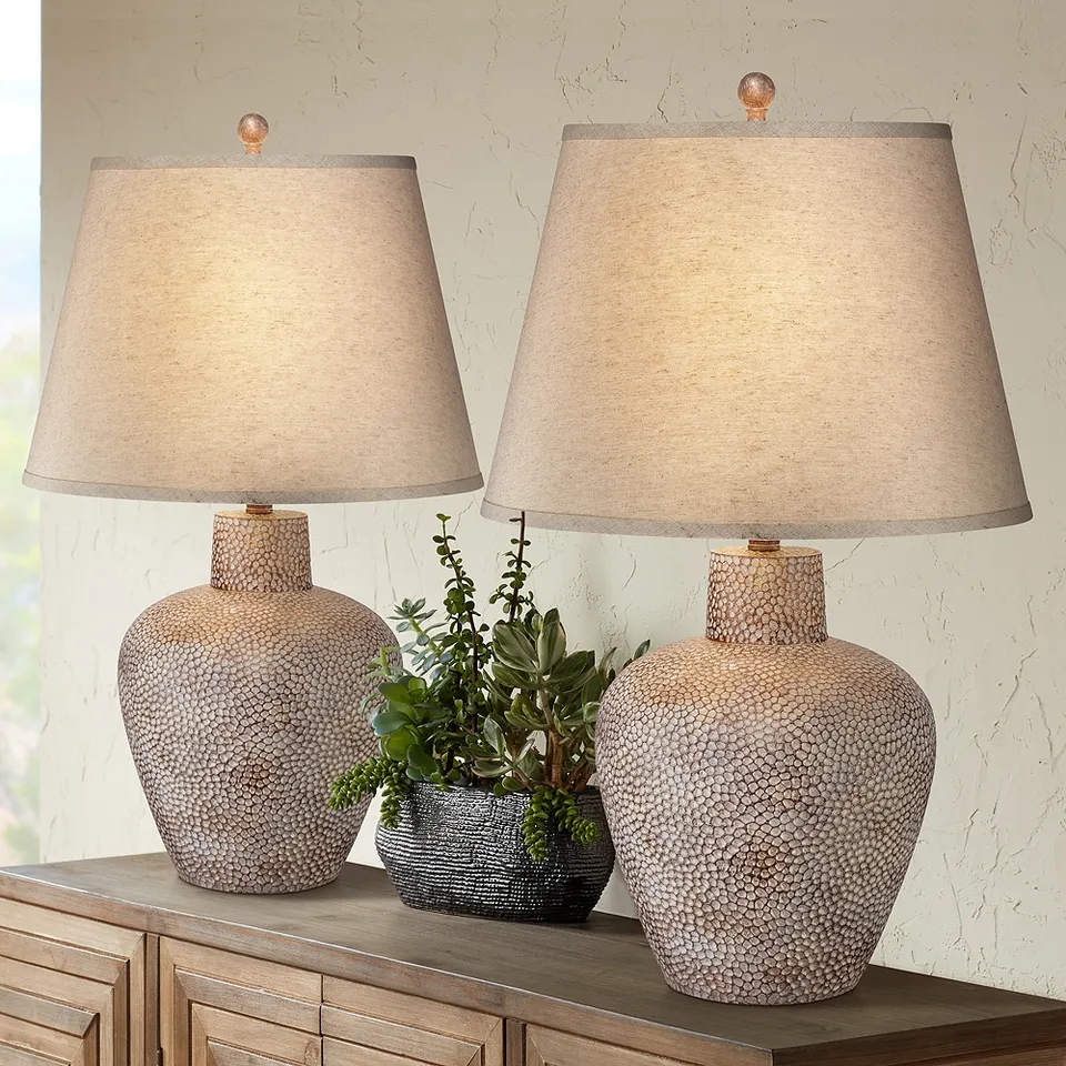 Bentley Brown Leaf Hammered Pot Table Lamps Set of 2