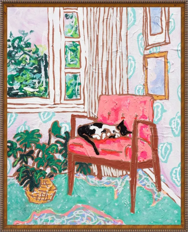 Cat Nap: Tuxedo Cat Napping in Mid-Century Chair by Lara Lee Meintjes for Artfully Walls