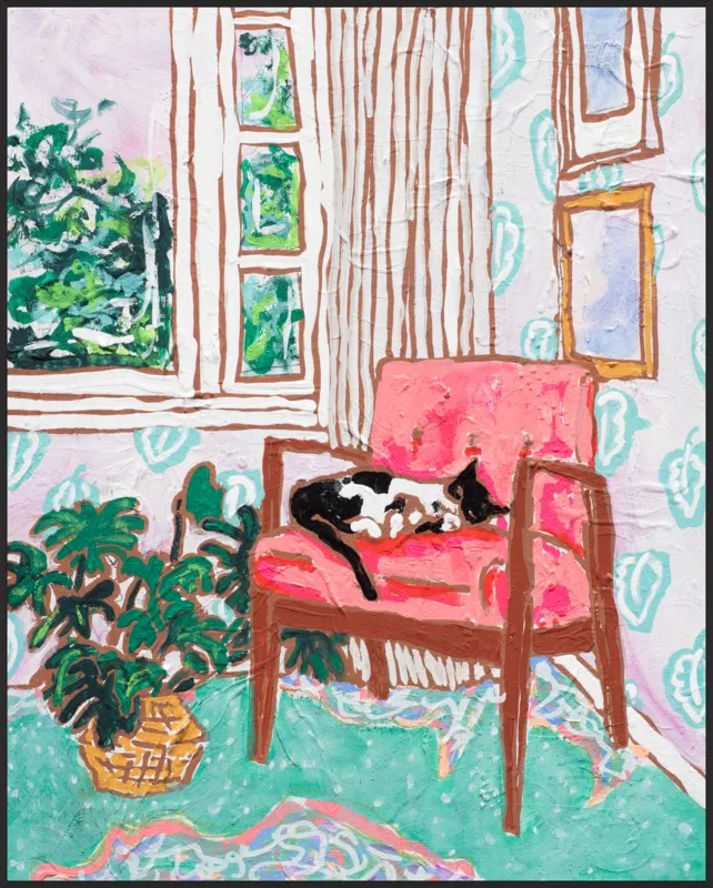 Cat Nap: Tuxedo Cat Napping in Mid-Century Chair by Lara Lee Meintjes for Artfully Walls