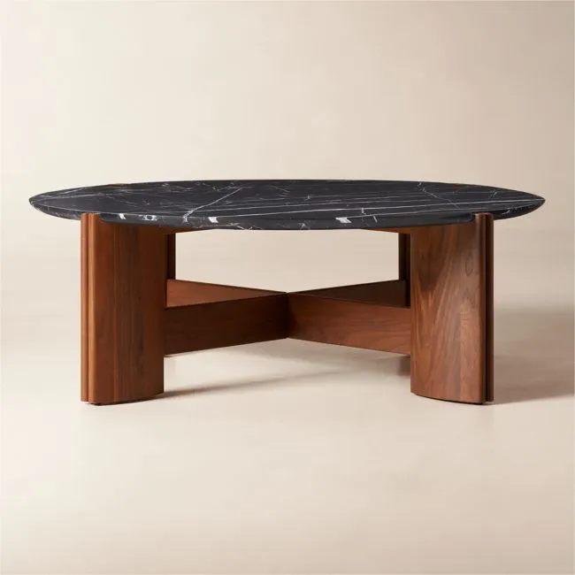 Tule 47" Round Black Marble and Walnut Wood Coffee Table