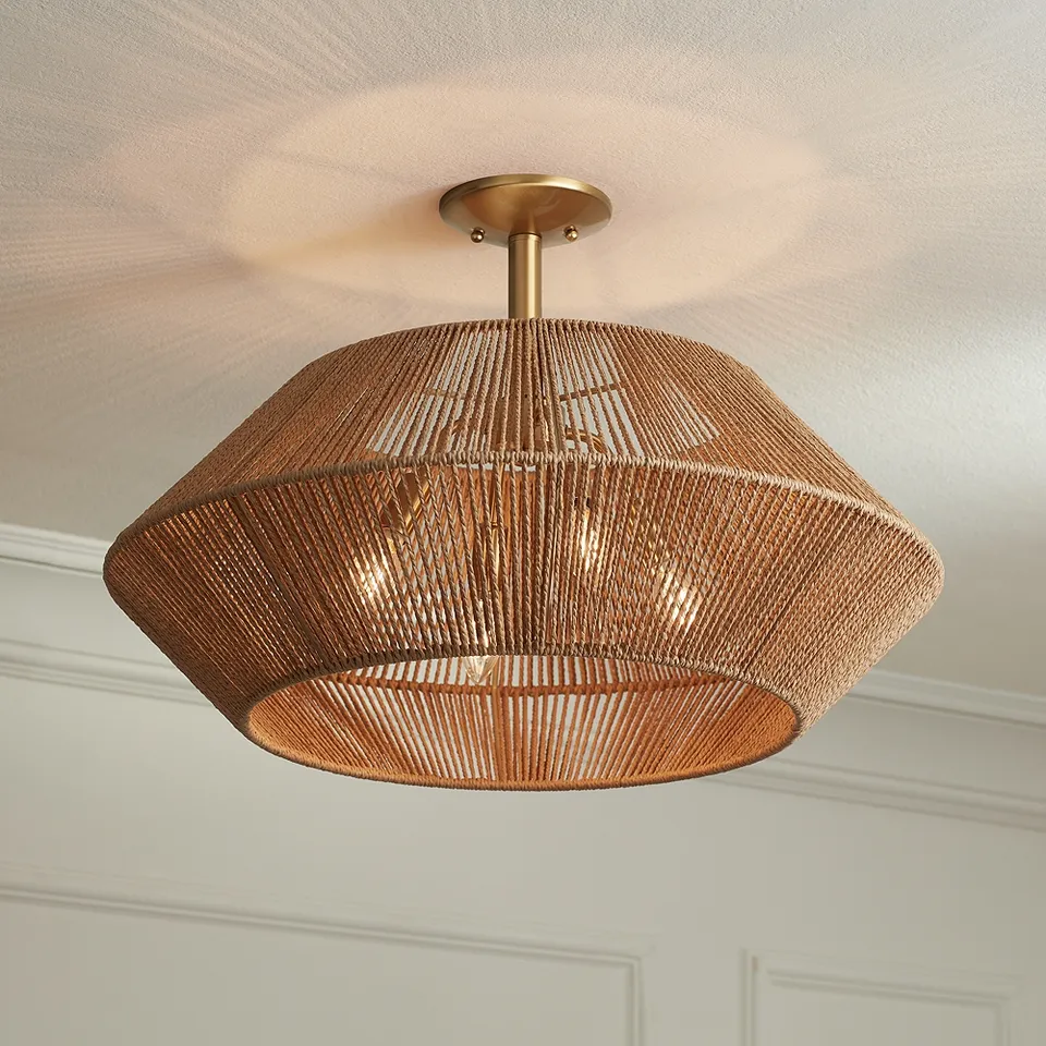 Possini Euro Pedro 24" Wide Brass and Rattan 4-Light Ceiling Light