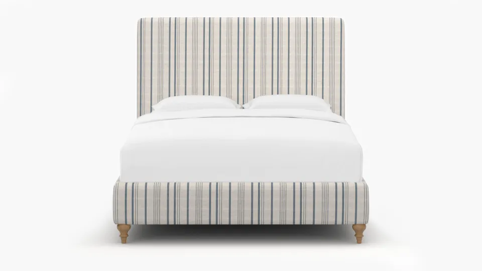 Classic Bed, Blue Market Stripe, Natural Traditional Turned Leg, Queen