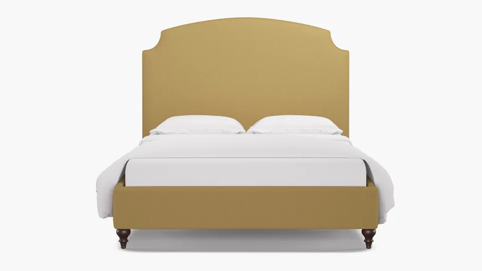 Cove Bed, French Yellow Everyday Linen, Espresso Decorative Tapered Leg, Queen