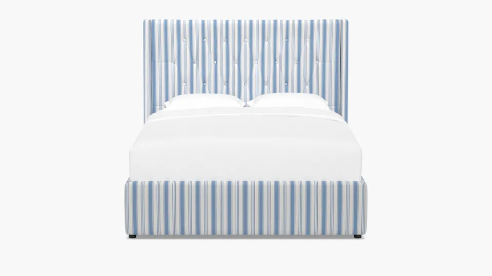 Tufted Wingback Bed, Cornflower Regency Stripe, Full