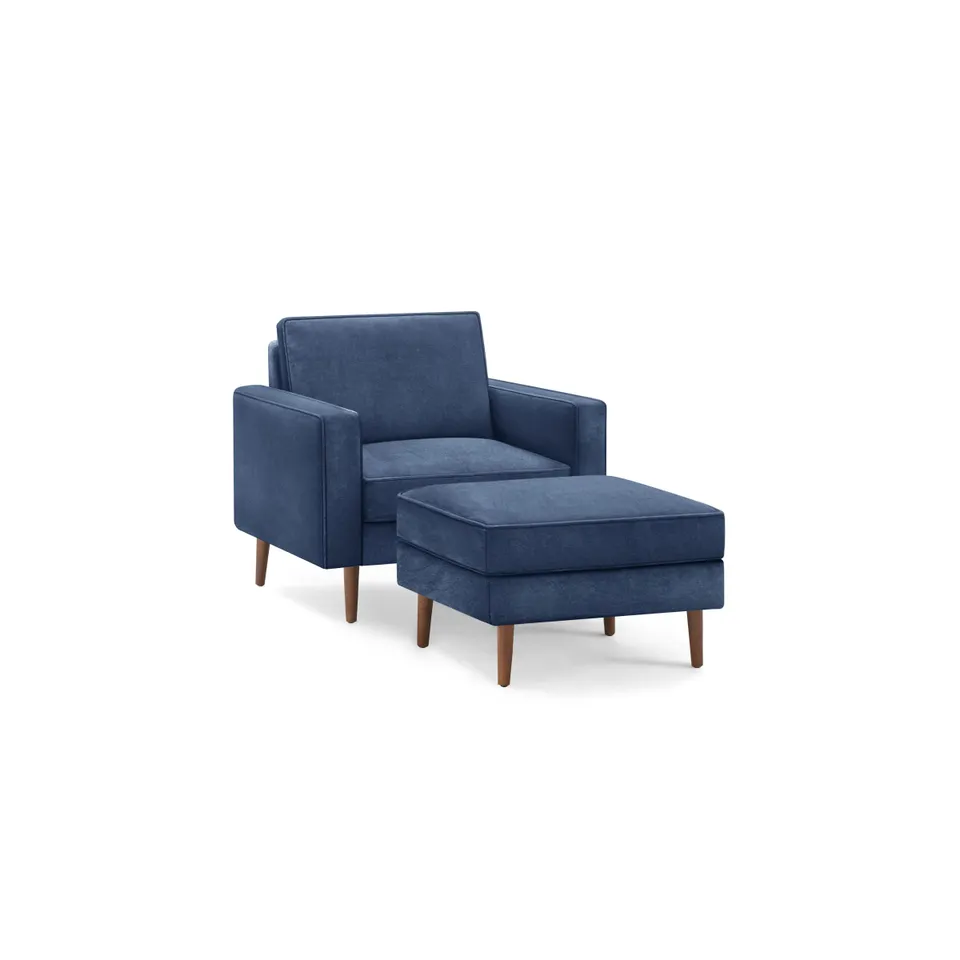 Nomad Velvet Armchair with Ottoman - Midnight - Performance Velvet / Walnut - Wood