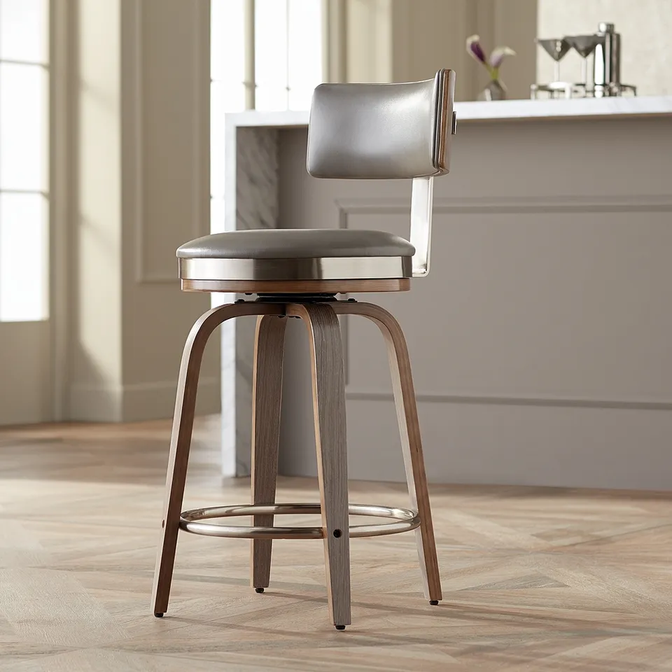 Studio 55D Tilden 26" Wood and Gray Leather Swivel Seat Counter Stool