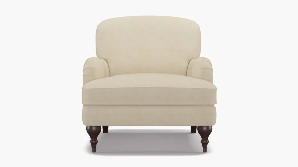 English Roll Arm Chair, Talc Everyday Linen, Espresso Turned Wood Leg