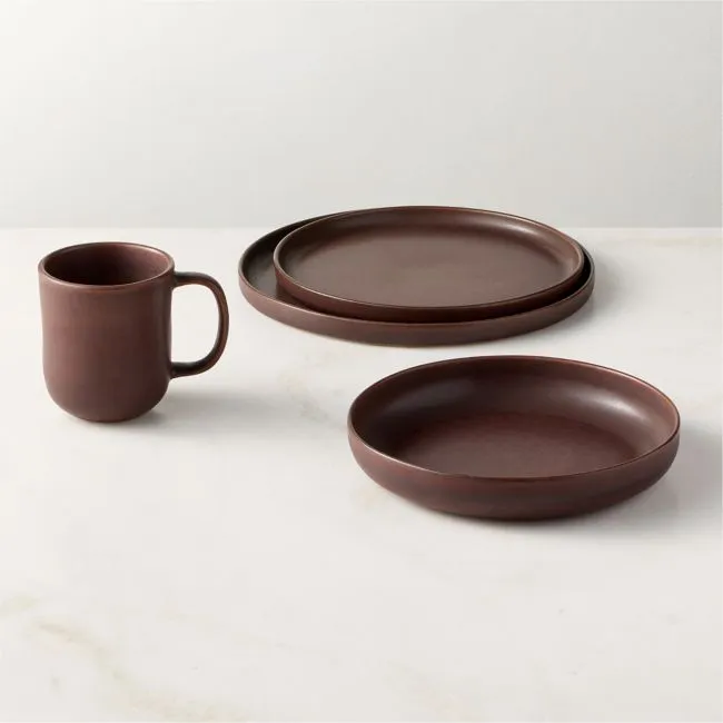 Drift 4-Piece Chocolate Brown Dinnerware Set with Pasta Bowl with Reactive Glaze