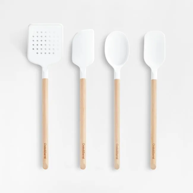 Crate & Barrel White Silicone and Wood Utensils, Set of 4