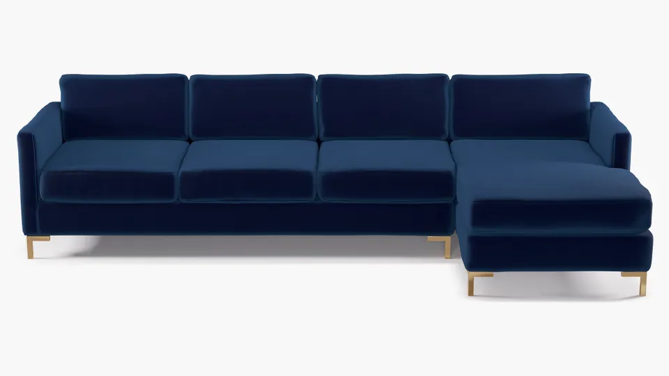 Modern Sectional, Right Facing, Navy Performance Velvet, Brass L Leg