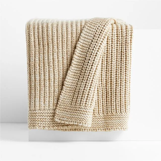 Ginger Beige Wool Blend 70''x55" Fisherman Knit Throw Blanket