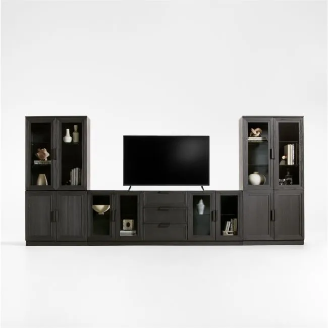 Calypso 162" Black Wood Media Console Set with Glass and Wood Storage Cabinet