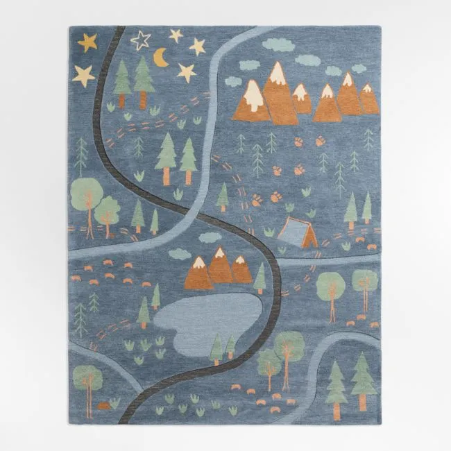 Adventure Map Navy Wool Kids Area Rug 6'x9'