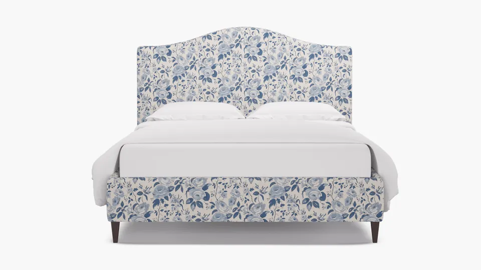 Camelback Bed, Delft Chintz, Espresso Square Tapered Leg, Queen