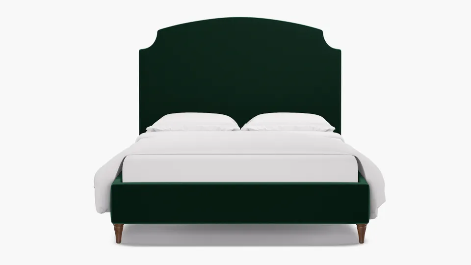 Cove Bed, Spruce Performance Plush Velvet, Walnut Decorative Tapered Leg, King