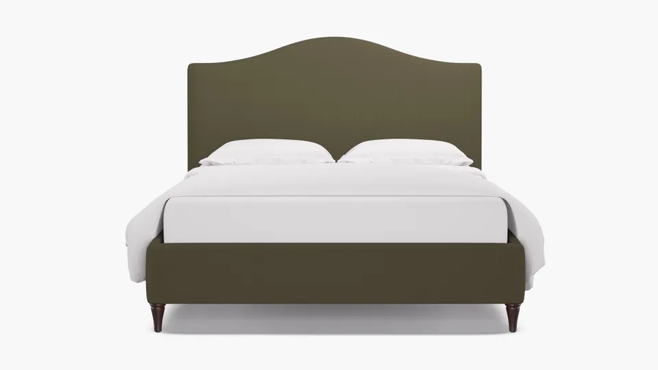 Camelback Bed, Olive Everyday Linen, Espresso Decorative Tapered Leg, Queen