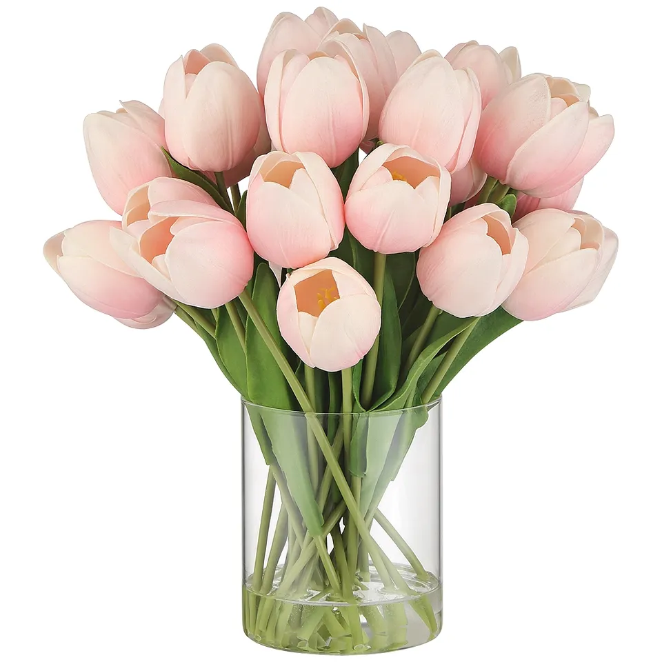Emmie Pink Tulips 12" High Faux Flower in Clear Glass Vase