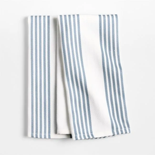 Cuisine White with Harbor Blue Stripe Organic Cotton Kitchen Towel, Set of 2