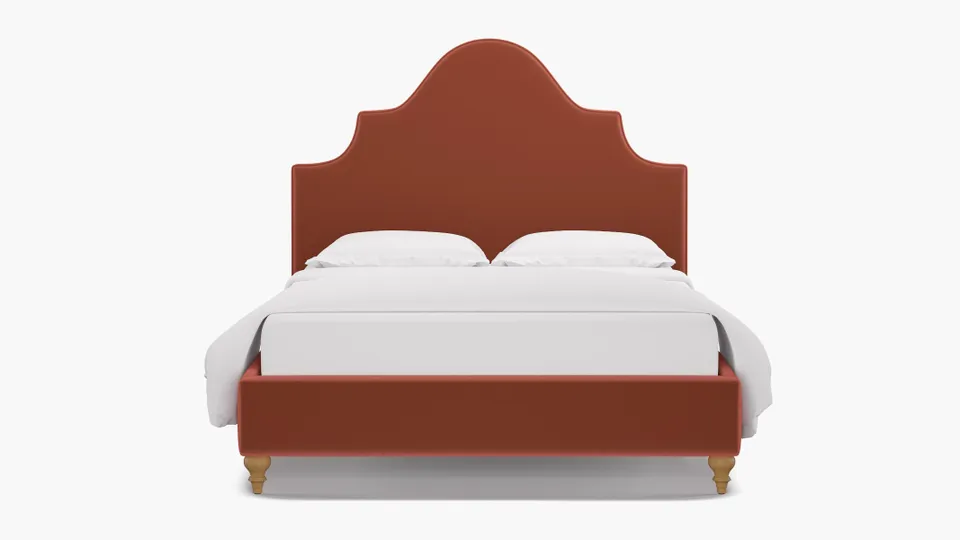 Statement Bed, Terracotta Performance Velvet, Natural Traditional Turned Leg, King