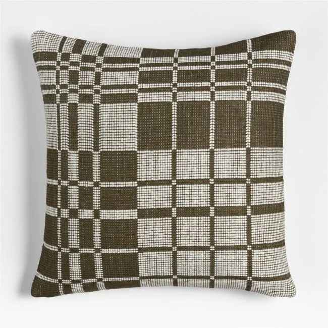 Wool/Linen Plaid 23"x23" Burnt Green Throw Pillow with Down-Alternative Insert