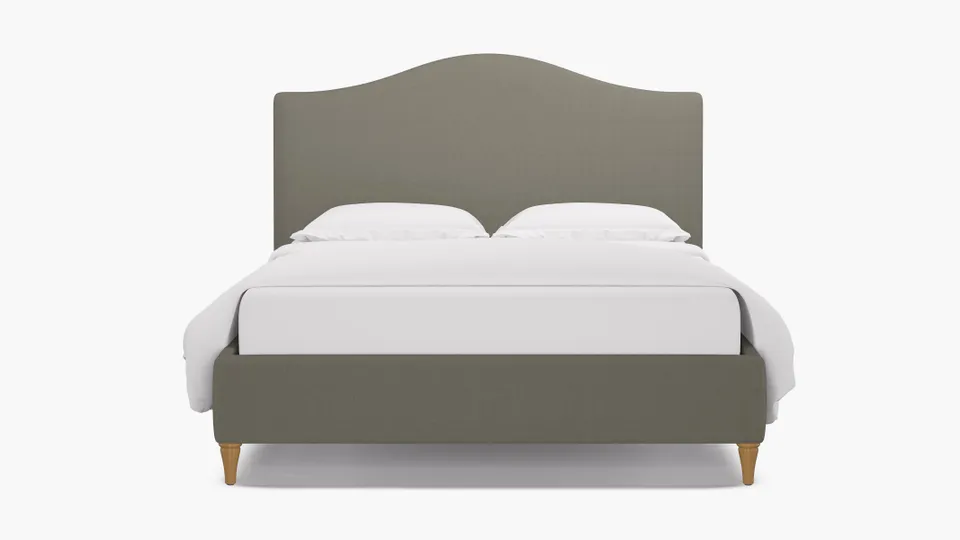 Camelback Bed, Putty Everyday Linen, Natural Decorative Tapered Leg, King