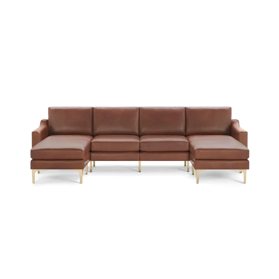 Nomad Leather Double Chaise Sectional - Chestnut - Top Grain Leather / Brass - Metal / Slope